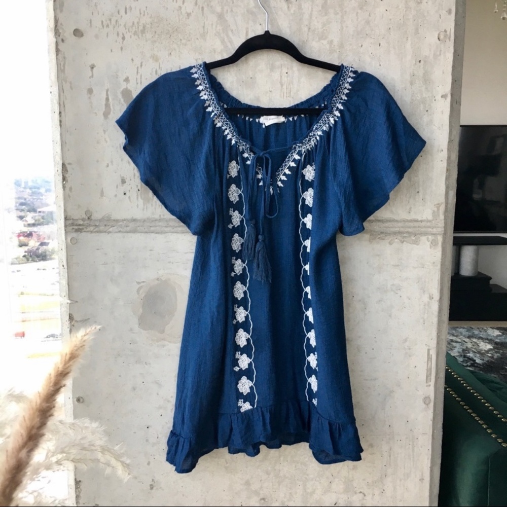 Blu Pepper Blue Embroidered Peasant Top S